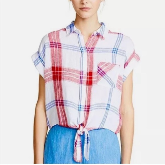 RAILS PLAID CROPPED TIE SHIRT AMELIE CARMINE BLUE WHITE JULY 4 IVY LEAGUE PREP - Picture 3 of 12